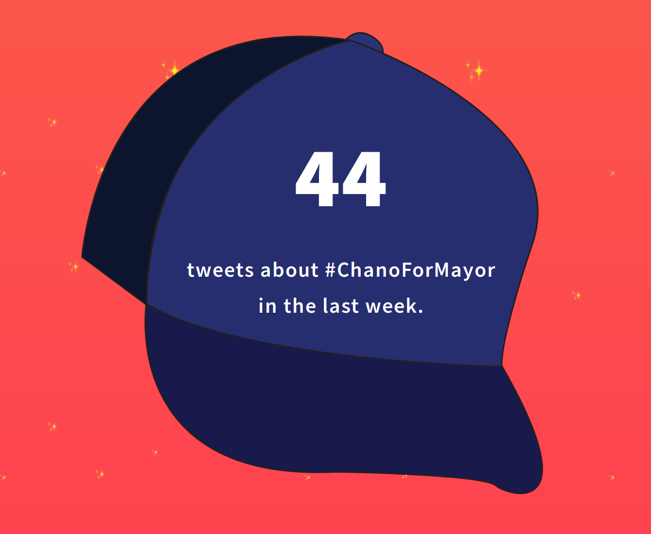 "An excerpt from chano4mayor.com. An illustration of Chance's famous
hat shows that 44 people have tweeted the hashtag #chano4mayor
this week."