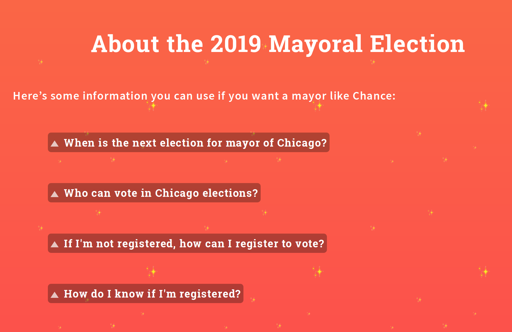 An excerpt from chano4mayor.com. Text gives information about how and when
to register to vote in the 2018 mayoral
election.